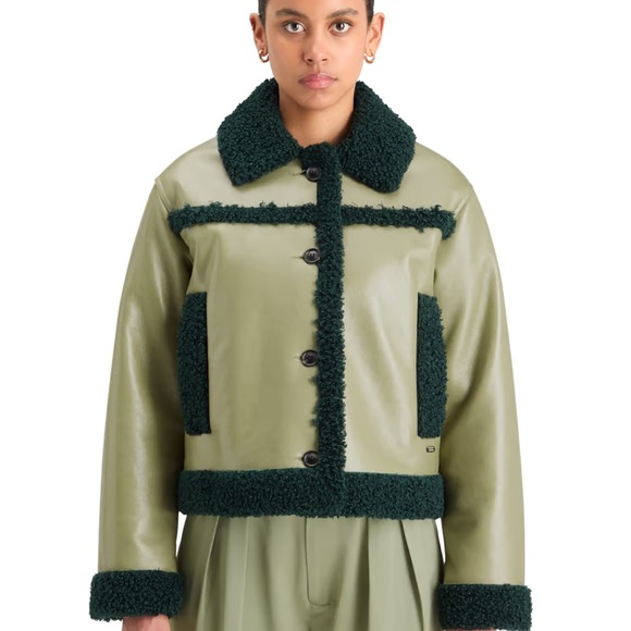 NWT Scotch & Soda Green Faux Shearling Faux Leather Aviator Bomber Jacket - Picture 5 of 6